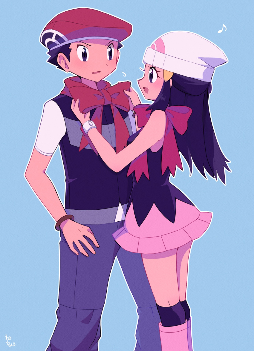 1boy 1girl bare_arms black_eyes black_shirt black_socks blue_background boots bow bracelet eye_contact from_side grey_pants hair_ornament hairclip hat highres hikari_(pokemon) jewelry knee_boots looking_at_another lucas_(pokemon) miniskirt musical_note outline pants pink_footwear pink_skirt poke_ball_print pokemon pokemon_(game) pokemon_dppt print_headwear red_bow red_headwear sawarabi_(sawarabi725) shirt short_sleeves simple_background skirt sleeveless sleeveless_shirt socks standing white_headwear white_sleeves