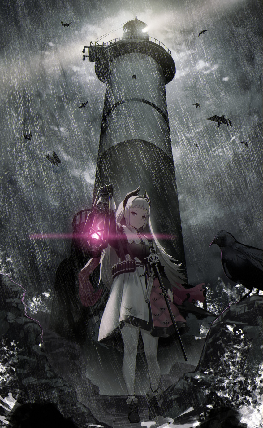 1girl absurdres animal arknights bannouyakunta bird black_jacket capelet closed_mouth clouds cloudy_sky commentary_request grey_eyes grey_hair highres holding holding_lantern jacket lantern lighthouse long_hair night outdoors pantyhose pleated_skirt rain sheath sheathed skirt sky solo standing sword very_long_hair waves weapon white_capelet white_pantyhose white_skirt