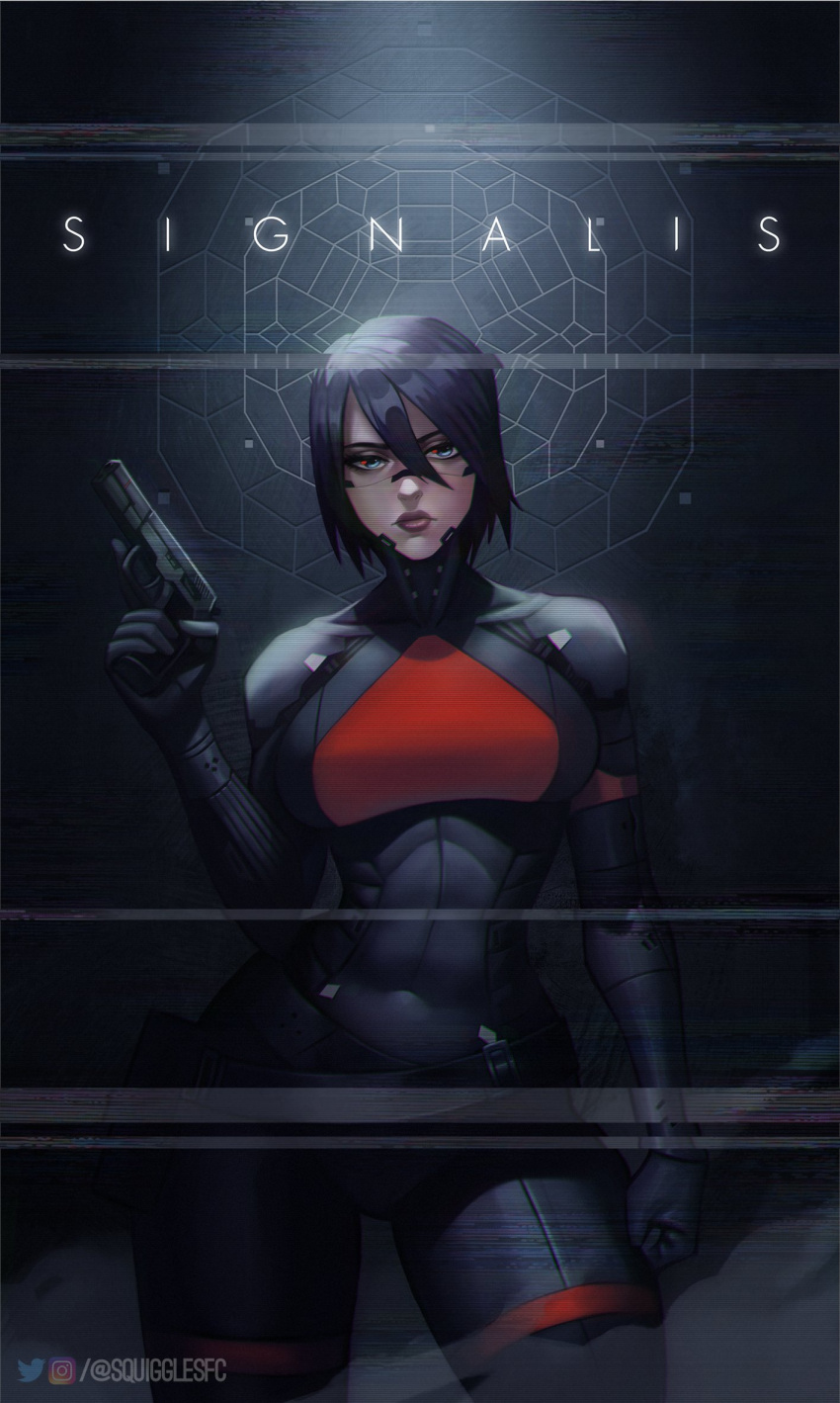 1girl android artificial_eye belt black_bodysuit black_hair blue_eyes bodysuit breasts clenched_hand contrapposto copyright_name covered_navel distortion elster_(signalis) english_commentary facial_mark facing_viewer gun hair_between_eyes handgun highres holding holding_gun holding_weapon holster instagram_username large_breasts mechanical_eye multicolored_bodysuit multicolored_clothes multiple_belts purple_lips red_bodysuit short_hair signalis solo squigglesfc thick_thighs thighs toned trigger_discipline twitter_username vhs_artifacts weapon