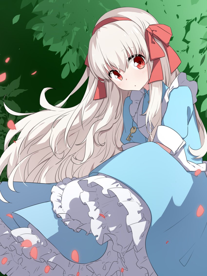 1girl absurdres apron bangs blue_dress blush bow breasts commentary_request dress frills grey_apron grey_hair hair_between_eyes hairband highres jewelry kagerou_project key_necklace kozakura_marry leaf lizi long_hair looking_to_the_side mandarin_collar medium_breasts necklace open_mouth outdoors petals red_bow red_eyes red_hairband short_sleeves solo standing tree