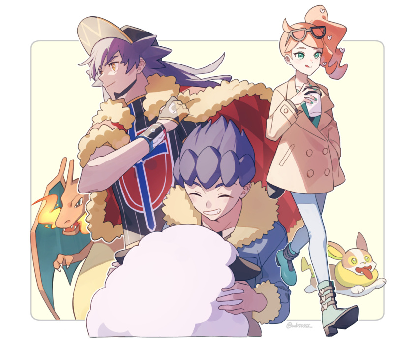 1girl 2boys :q baseball_cap blue_jacket boots border brown_coat buttons cape champion_uniform charizard closed_mouth coat commentary_request cup dark-skinned_male dark_skin dynamax_band eyewear_on_head facial_hair fur-trimmed_cape fur-trimmed_jacket fur_trim gloves green_eyes green_footwear green_nails green_shirt hair_ornament hand_up hat heart heart_hair_ornament high_heel_boots high_heels holding holding_cup holding_pokemon hop_(pokemon) jacket leon_(pokemon) long_hair multiple_boys nail_polish orange_hair pankona_(ubsssss) pants partially_fingerless_gloves pokemon pokemon_(creature) pokemon_(game) pokemon_swsh purple_hair red_cape shirt short_hair side_ponytail smile sonia_(pokemon) standing sunglasses tongue tongue_out white_border wooloo yamper yellow_eyes