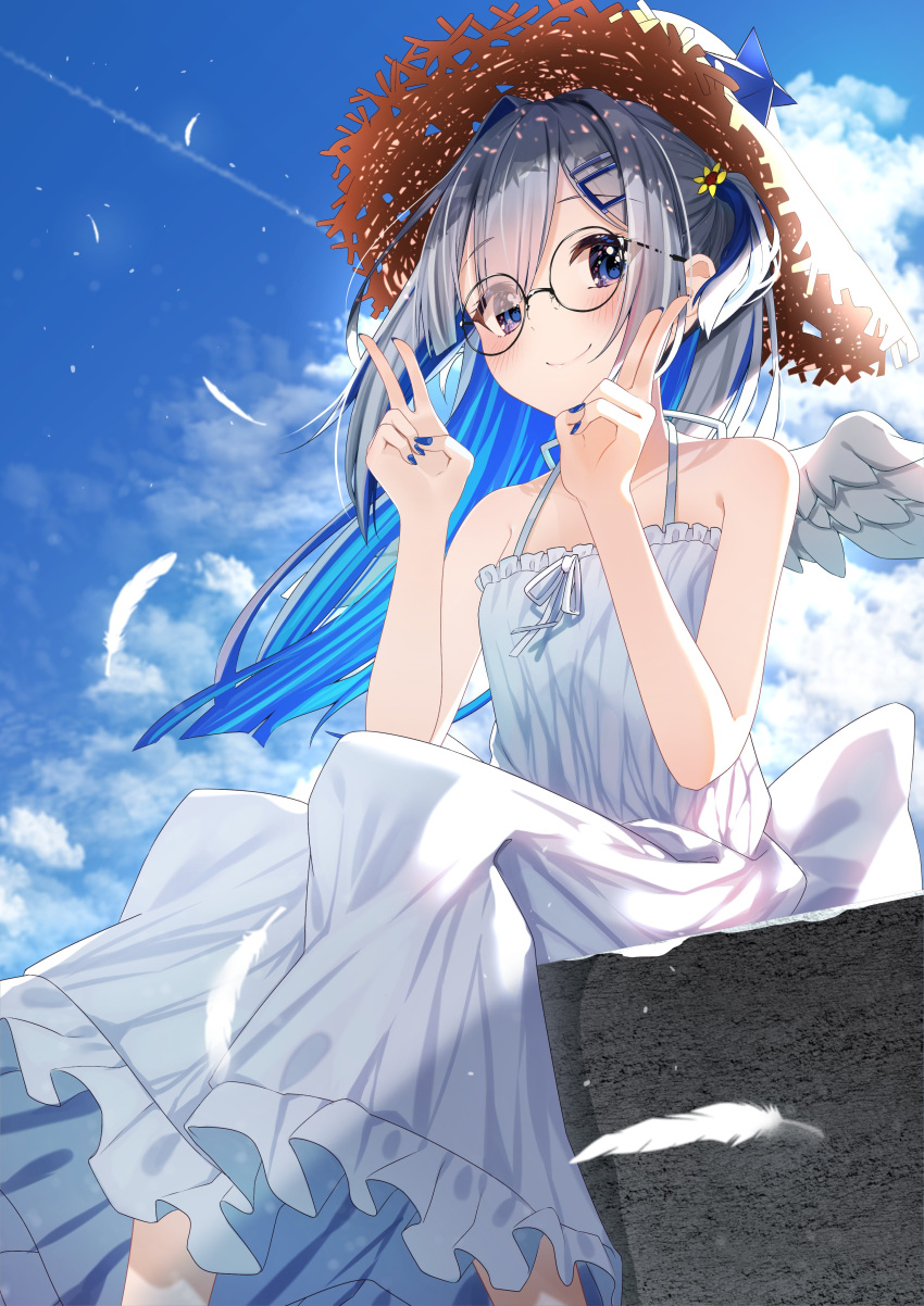 1girl absurdres alternate_costume amane_kanata angel angel_wings bangs bare_shoulders bespectacled blue_hair blue_nails blue_sky borumete closed_mouth clouds colored_inner_hair commentary_request contrail day double_v dress feathered_wings feathers feet_out_of_frame fingernails frilled_dress frills glasses grey_hair hands_up hat hat_ornament highres hololive long_hair looking_at_viewer medium_hair multicolored_hair outdoors round_eyewear sitting sky sleeveless sleeveless_dress smile solo star_(symbol) star_hat_ornament streaked_hair sun_hat sundress v violet_eyes virtual_youtuber white_dress wings