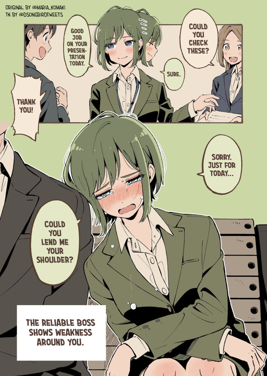 1boy 2girls bench blue_eyes blush crossed_arms crying crying_with_eyes_open english_text green_hair green_jacket highres jacket maria_komaki multiple_girls office_lady original speech_bubble tears