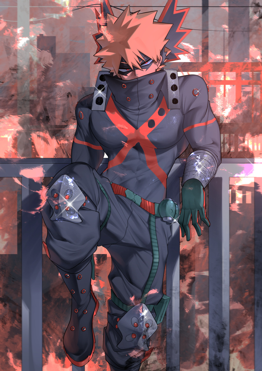 1boy absurdres baggy_pants bakugou_katsuki balcony bangs belt black_footwear black_mask black_pants blonde_hair boku_no_hero_academia boots city combat_boots covered_mouth diffraction_spikes elbow_rest explosive eye_mask feet_out_of_frame glint gloves green_gloves grenade hair_between_eyes high_collar highres knee_pads konishi_(zatuizatui598) leaning_on_rail leg_up long_sleeves looking_at_viewer male_focus neck_brace orange_gloves outdoors pants power_lines red_eyes sanpaku short_hair single_horizontal_stripe solo spiky_hair straight-on toned toned_male two-tone_gloves v-shaped_eyebrows wrist_guards x
