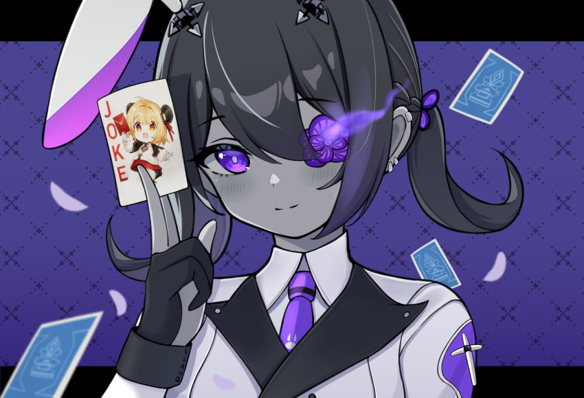 1girl black_gloves black_hair blush card collared_shirt dark-skinned_female dark_skin earclip flower flower_over_eye gloves hair_between_eyes hand_up headgear highres holding holding_card letterboxed long_hair long_sleeves looking_at_viewer mi-a_(tower_of_fantasy) necktie outside_border partially_fingerless_gloves playing_card portrait purple_background purple_necktie reikyou shirt simple_background smile solo tower_of_fantasy twintails umi_(tower_of_fantasy) violet_eyes white_shirt