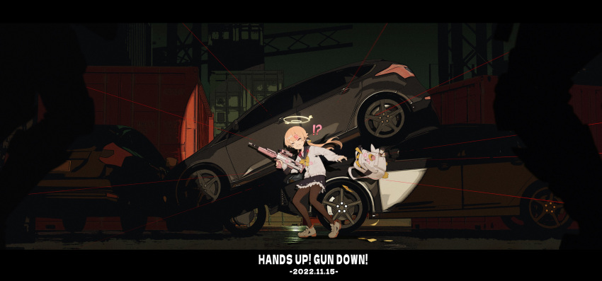 !? 1girl 2others absurdres assault_rifle backpack bag blue_archive blue_sailor_collar bow bowtie bullpup car cardigan closed_eyes crying dated english_text facing_viewer frilled_skirt frills full_body ground_vehicle gun halo hifumi_(blue_archive) highres holding holding_gun holding_weapon l85 lang_(mask) laser light_brown_hair long_sleeves low_twintails motor_vehicle multiple_others night outdoors pantyhose rifle sailor_collar school_uniform shipping_container shoes skirt sneakers snot solo_focus spotlight tears twintails wavy_mouth weapon white_bag white_cardigan white_footwear yellow_bow yellow_bowtie