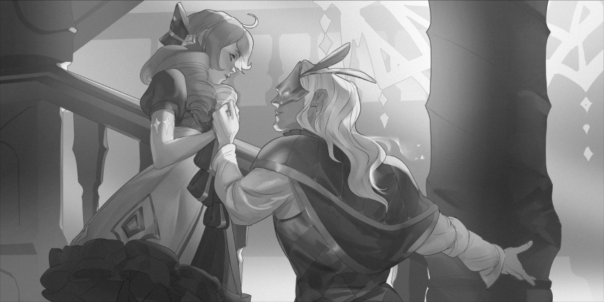 1boy 1girl ahoge bangs bow capelet character_request dress drill_hair eye_contact eye_mask glowing glowing_eyes greyscale gwen_(league_of_legends) hair_bow highres holding_hands league_of_legends long_hair long_sleeves looking_at_another monochrome puffy_short_sleeves puffy_sleeves short_sleeves suqling twin_drills twintails two-tone_dress