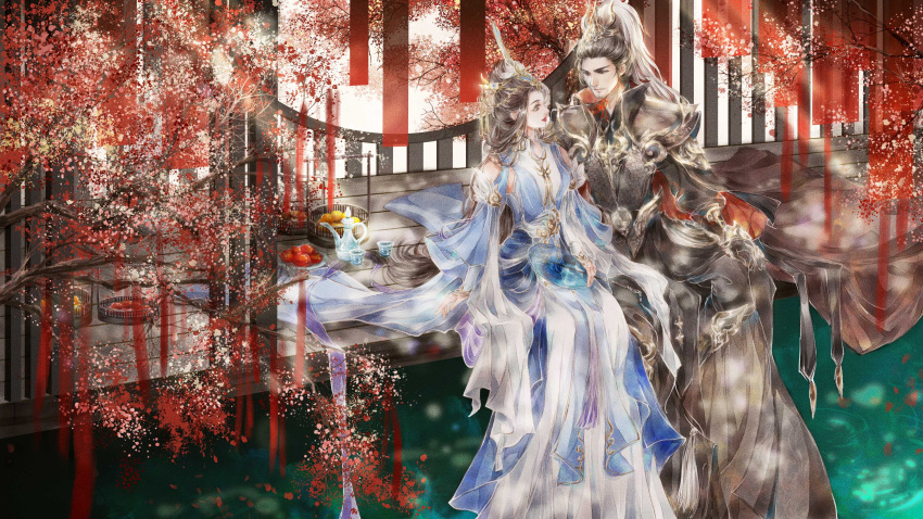 1boy 1girl absurdres blue_dress brown_hair chinese_clothes closed_mouth cup dress falling_petals food fruit hair_bun hand_fan highres holding holding_fan long_hair looking_at_another looking_to_the_side original painting_(medium) petals pitcher plate ponytail shiny shiny_hair sitting traditional_media water watercolor_(medium) youyou_yuni_wan