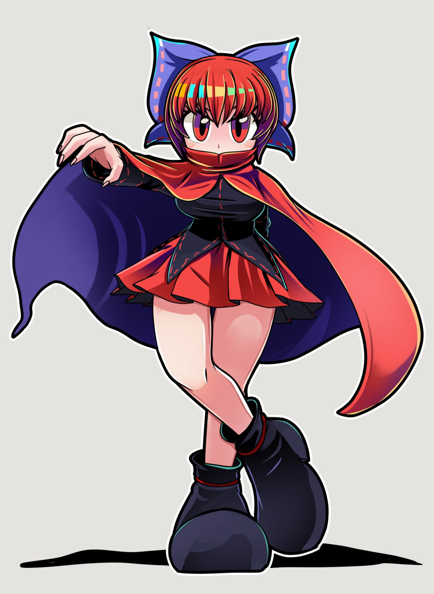 1girl absurdres black_shirt blue_bow bow cloak hair_bow highres long_sleeves miniskirt red_cloak red_eyes red_skirt redhead ribbon-trimmed_bow ryo_(ryopics) sekibanki shirt short_hair simple_background skirt solo touhou white_background