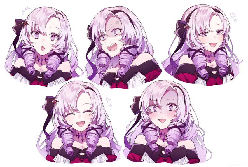 1girl :d akikuriii anger_vein bangs bare_shoulders breasts chest_tattoo choker closed_eyes drill_hair expressions hair_ornament hair_ribbon hairband heart heart-shaped_pupils hyakumantenbara_salome long_hair multiple_views nijisanji off_shoulder open_mouth purple_choker purple_hair ribbon smile symbol-shaped_pupils tattoo upper_body violet_eyes virtual_youtuber white_background