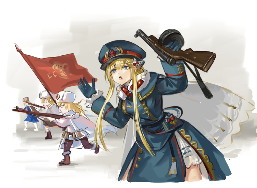 absurdres blonde_hair blue_coat blue_gloves cape coat commission fur_hat girls_frontline gloves gun hat highres holding holding_weapon long_hair military military_uniform mosin-nagant_(girls'_frontline) parody peaked_cap ppd-40_(girls'_frontline) ppsh-41_(girls'_frontline) red_flag rifle sawkm sidelocks submachine_gun uniform upper_body ushanka very_long_hair weapon white_background white_cape