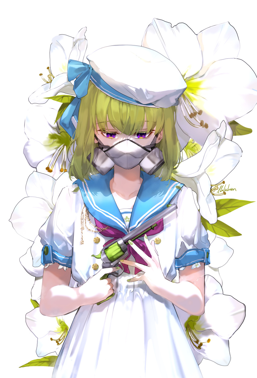 1girl absurdres artist_name blue_ribbon blue_sailor_collar dress flower gas_mask green_hair gun hat hat_ribbon highres holding holding_gun holding_weapon lluluchwan mask medium_hair mouth_mask neckerchief original purple_neckerchief ribbon sailor_collar school_uniform simple_background solo standing violet_eyes weapon weapon_request white_background white_dress white_headwear