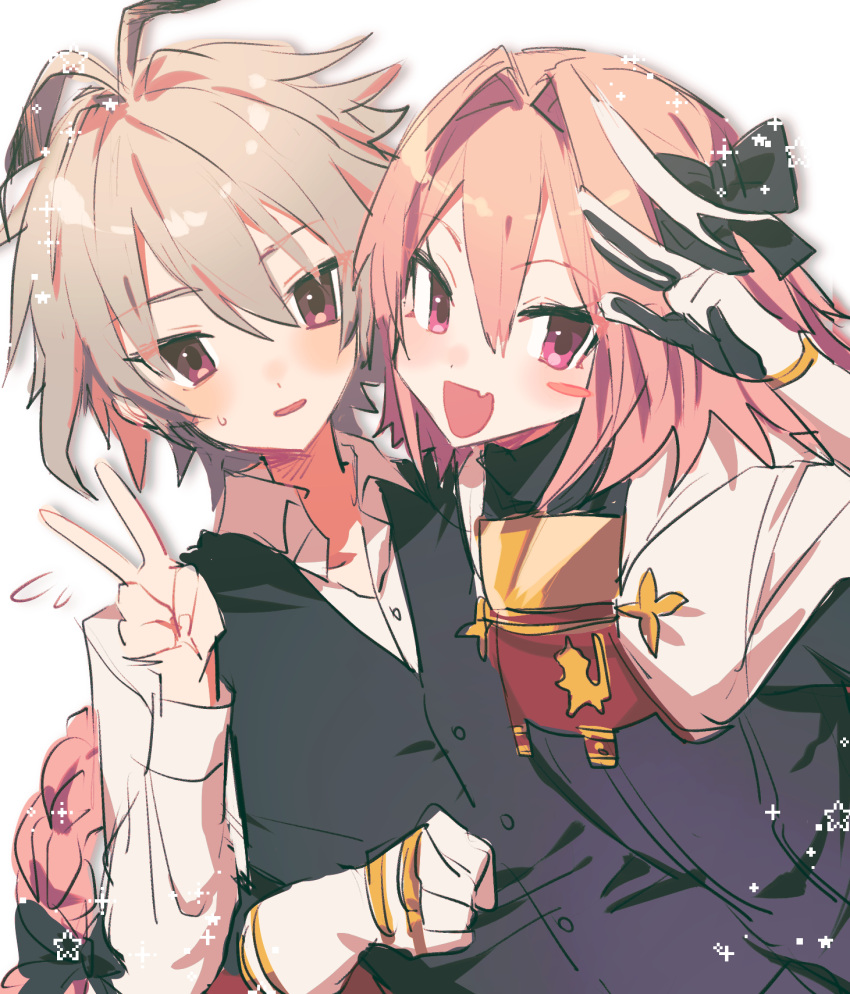 2boys antenna_hair astolfo_(fate) blush braid crossdressing fate/apocrypha fate/grand_order fate_(series) grey_hair highres koyashaka long_hair long_sleeves looking_at_viewer multicolored_hair multiple_boys open_mouth pink_hair salute short_hair sieg_(fate) two-finger_salute v violet_eyes white_background