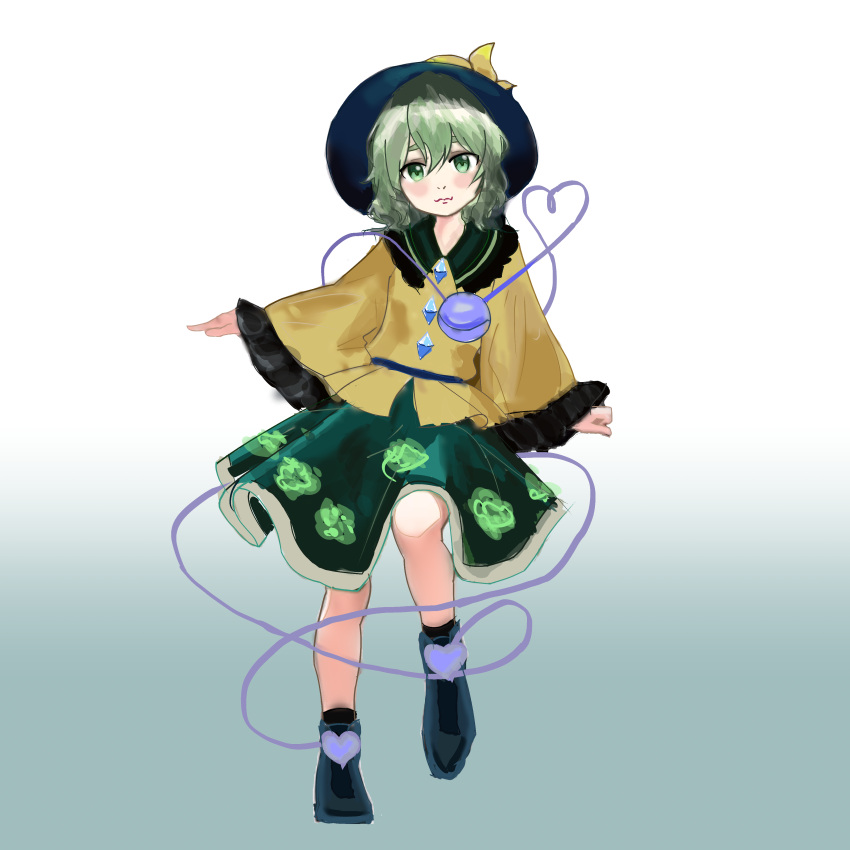 1girl absurdres black_footwear black_headwear blouse boots buttons diamond_button floral_print frilled_shirt_collar frilled_sleeves frills full_body gradient gradient_background green_eyes green_hair green_skirt hat hat_ribbon heart heart_of_string highres komeiji_koishi leotora88 long_sleeves looking_at_viewer medium_hair ribbon rose_print shirt skirt solo third_eye touhou wavy_hair wide_sleeves yellow_ribbon yellow_shirt