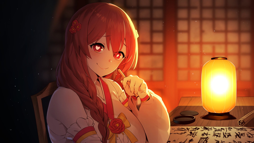 1girl blush braid chair character_request closed_mouth heart heart-shaped_pupils highres holding in_(ain) indoors lamp long_hair looking_at_viewer red_eyes redhead sitting smile solo symbol-shaped_pupils table virtual_youtuber