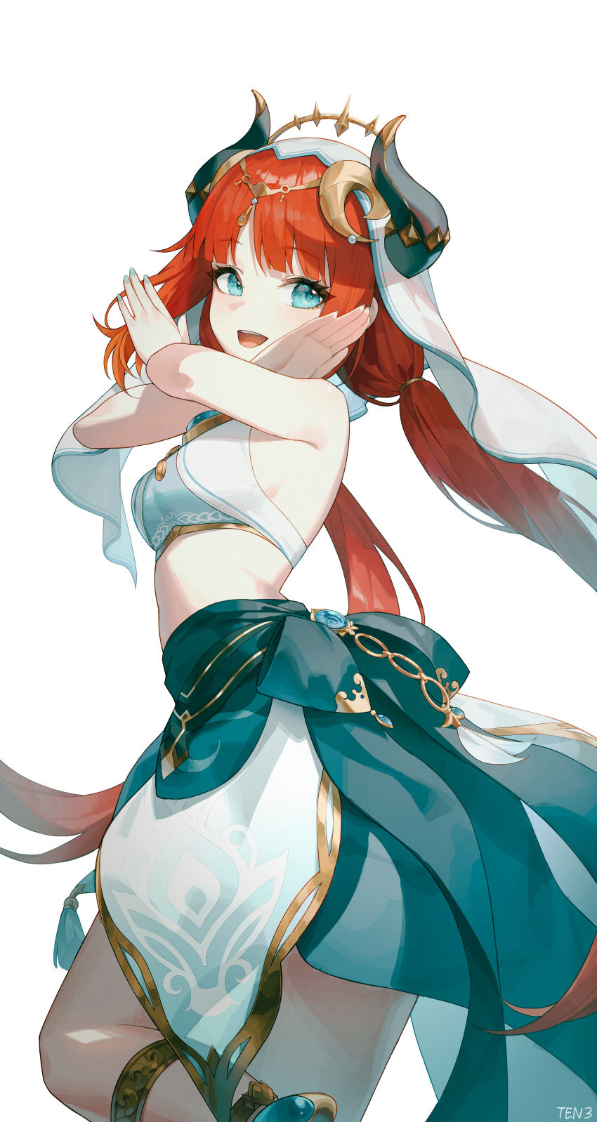 1girl :d absurdres bangs bare_arms blue_eyes blue_gemstone breasts crop_top dancer floating_hair flower gem genshin_impact harem_outfit highres horns long_hair looking_at_viewer low_twintails midriff nilou_(genshin_impact) open_mouth parted_bangs ppi44 redhead shirt simple_background skirt sleeveless sleeveless_shirt small_breasts smile solo twintails veil white_background white_flower white_headwear white_shirt x_arms