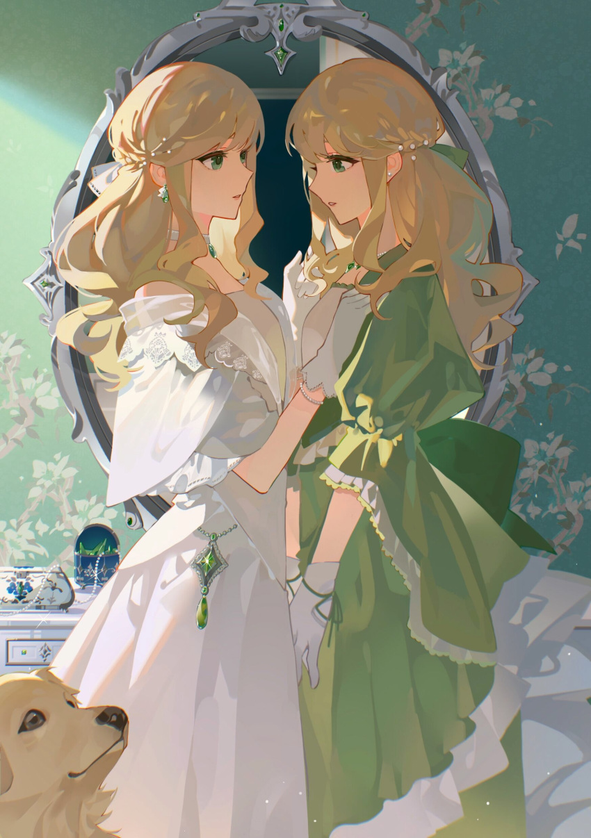 2girls absurdres blonde_hair brown_eyes choker dog dress english_commentary from_side gloves green_dress green_eyes green_ribbon hair_behind_ear hair_ribbon hand_on_another's_chest hand_on_own_thigh highres long_hair mirror multiple_girls naka_(carolnaka_) original parted_lips ribbon siblings twins white_choker white_dress white_gloves white_ribbon