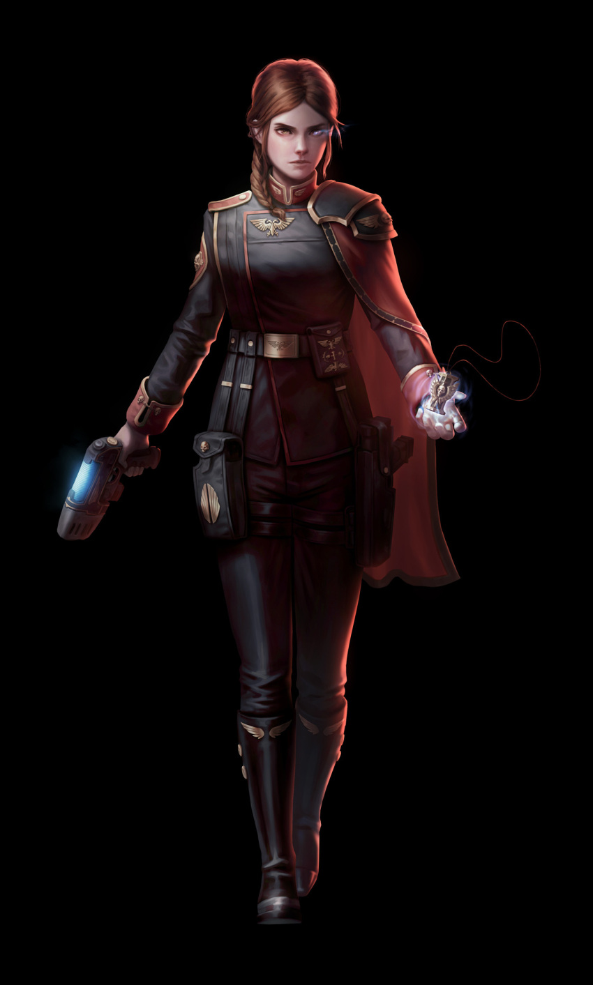 1girl bangs black_background black_footwear black_jacket black_pants boots braid braided_ponytail brown_eyes brown_hair cape closed_mouth glowing glowing_eye gun highres holding holding_gun holding_weapon imperium_of_man inquisition_(warhammer) jacket lips long_hair long_sleeves military military_uniform pants plasma_pistol psyker red_cape simple_background solo standing twotimesthedime uniform warhammer_40k weapon