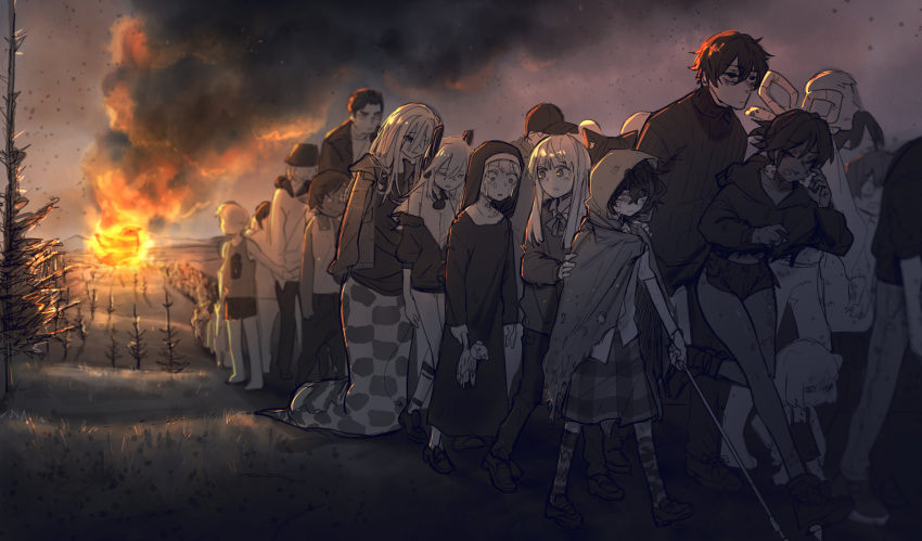 6+boys 6+girls absurdres bangs blind_girl_(popopoka) blonde_girl_(popopoka) body_freckles borrowed_character cane character_request collarbone crying fire freckles full_body grass hair_ornament hat highres holding hood hood_up kneehighs lamia long_hair monster_girl multiple_boys multiple_girls nun off_shoulder original pants plaid plaid_skirt popopoka shiny shiny_hair shirt shoes short_hair short_sleeves shorts skirt smoke socks sweater tree twitter walking