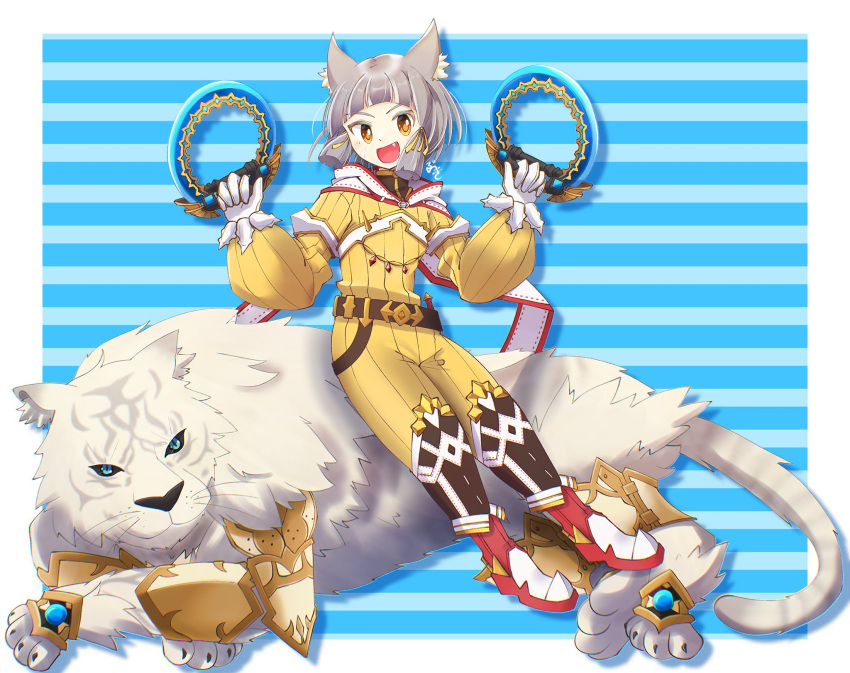 1girl :d animal_ears armored_boots bangs blunt_bangs boots brown_hair cat_ears cat_girl chakram dlllll_lllllb dromarch_(xenoblade) full_body gloves highres holding holding_weapon jumpsuit long_sleeves nia_(xenoblade) open_mouth short_hair smile solo tiger weapon white_gloves yellow_eyes yellow_jumpsuit