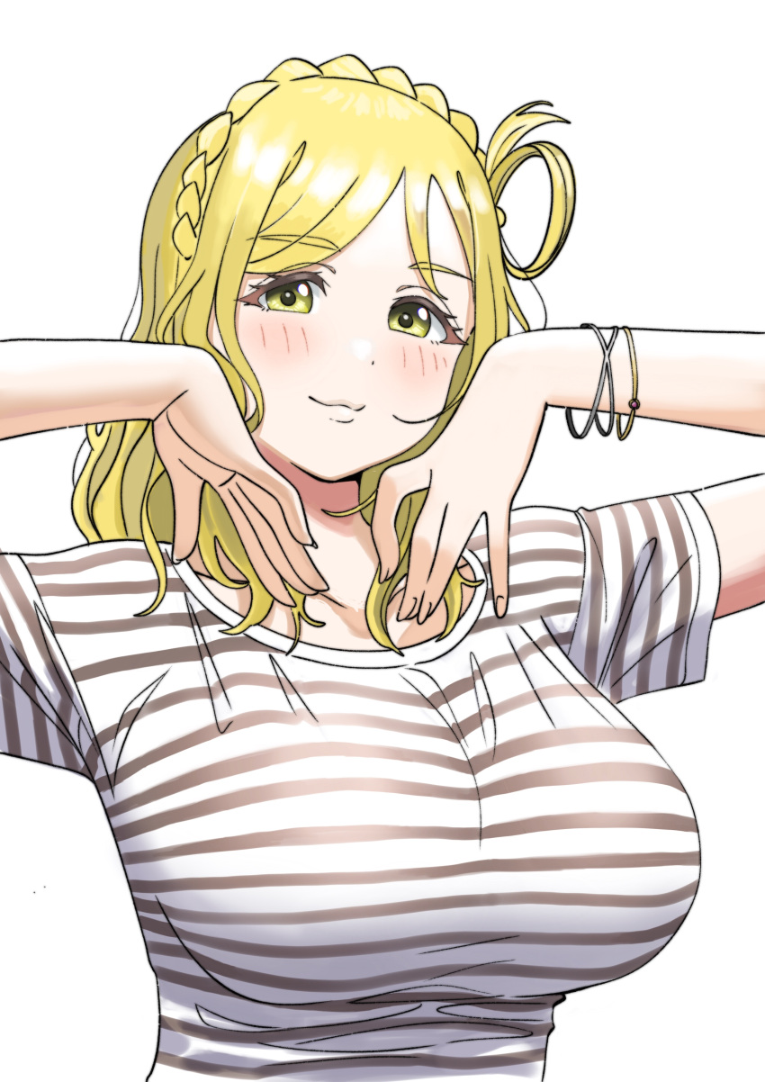 1girl :3 absurdres blonde_hair blush bracelet braid breasts closed_mouth crown_braid dunchy grey_shirt hands_up highres jewelry large_breasts looking_at_viewer love_live! love_live!_sunshine!! medium_hair ohara_mari shirt short_sleeves simple_background single_hair_ring smile smug solo striped striped_shirt upper_body white_background yellow_eyes