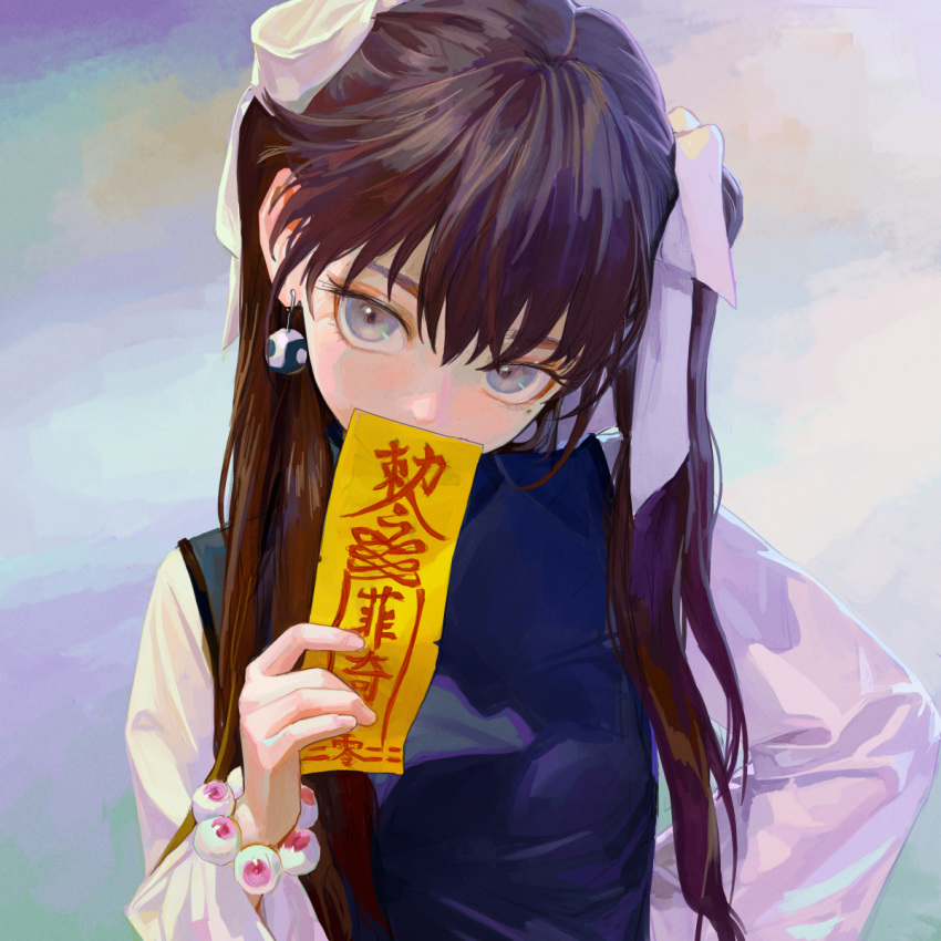 1girl bangs bracelet brown_hair covering_mouth earrings eyeball_bracelet eyeball_bracelet_girl_(fkey) fkey grey_eyes hair_ribbon highres holding jewelry long_hair long_sleeves looking_at_viewer mole mole_under_eye original ribbon simple_background solo talisman twintails upper_body white_ribbon yin_yang yin_yang_earrings