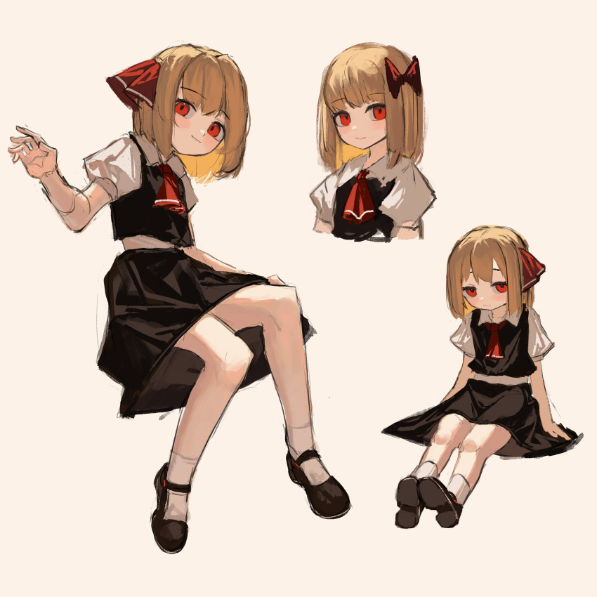1girl absurdres arm_up ascot black_footwear black_skirt blonde_hair bow clynxen commentary_request cropped_torso full_body hair_bow hair_ribbon highres looking_at_viewer multiple_views one_side_up red_ascot red_eyes red_ribbon ribbon rumia shoes short_hair simple_background sitting skirt skirt_set smile socks touhou vest white_background