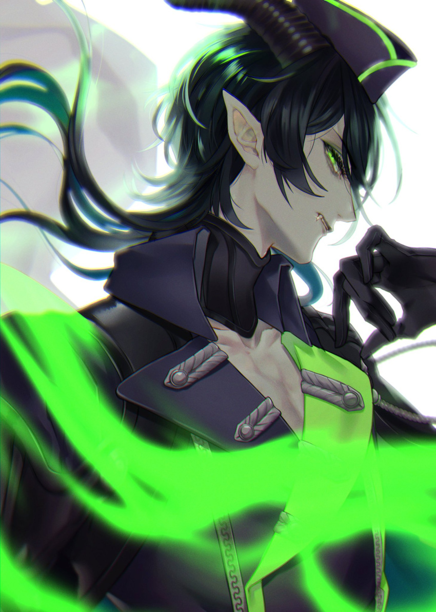 1boy black_gloves black_hair chromatic_aberration collarbone fang film_grain fire gloves glowing glowing_eyes green_eyes green_fire hair_between_eyes highres horns long_hair looking_at_viewer male_focus malleus_draconia nipponia_nippon parted_lips pointy_ears sideways_glance simple_background solo twisted_wonderland white_background