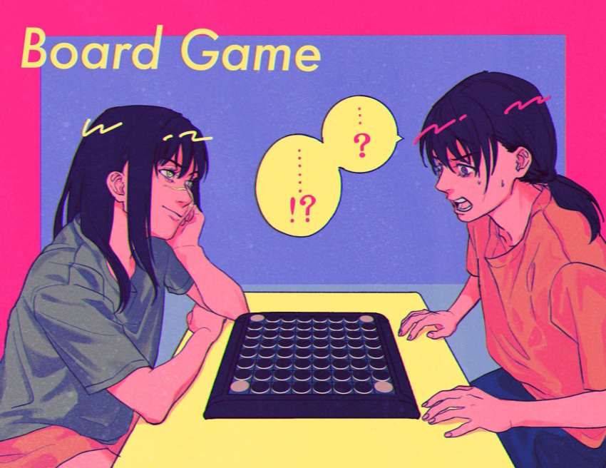 !? 2girls black_hair board_game chainsaw_man drgryu750 green_shirt hand_rest highres long_hair looking_at_another mitaka_asa multiple_girls open_mouth orange_shirt reversi ringed_eyes scar scar_on_face shirt sweat table tabletop_game twintails yellow_eyes yoru_(chainsaw_man)