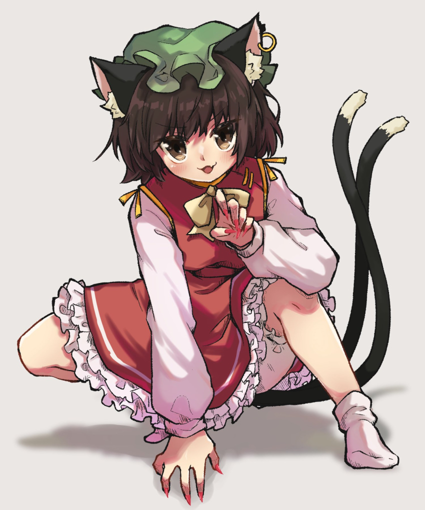 1girl animal_ears blush brown_eyes brown_hair cat_ears cat_tail chen dress earrings fang fingernails frilled_dress frills full_body green_headwear hat highres jewelry long_fingernails long_sleeves mob_cap multiple_tails nail_polish open_mouth red_dress red_nails sharp_fingernails short_hair simple_background single_earring skin_fang smile socks solo tail take_no_ko_(4919400) touhou two_tails white_background white_socks