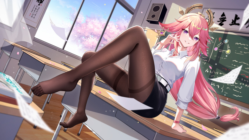 1girl animal_ears belt biubiubiu black_pantyhose black_skirt black_thighhighs blue_sky chalkboard cherry_blossoms classroom clouds day desk earrings fox_ears full_body genshin_impact hair_ornament heart heart_necklace highres indoors jewelry long_hair long_sleeves looking_at_viewer necklace no_shoes pantyhose paper petals pink_hair school_desk school_uniform shirt sitting skirt sky smile straight_hair thigh-highs violet_eyes white_shirt window yae_miko