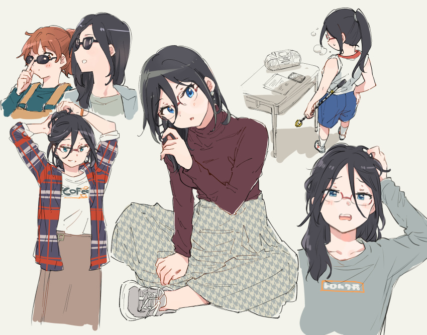 2girls absurdres adjusting_hair amano_shin bangs black_hair blush brown_hair cardigan crossed_legs glasses grey_shirt grey_skirt hand_up head_tilt hibike!_euphonium highres long_hair long_sleeves looking_at_another looking_at_viewer multiple_girls multiple_views oumae_kumiko over-rim_eyewear parted_lips ponytail red-framed_eyewear red_shirt semi-rimless_eyewear shirt short_hair sitting skirt standing sunglasses tanaka_asuka