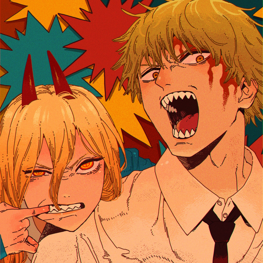 1boy 1girl bangs black_necktie bleeding_from_forehead blonde_hair blood blood_on_face chainsaw_man collared_shirt cross-shaped_pupils denji_(chainsaw_man) hair_between_eyes highres horns long_hair looking_at_viewer necktie open_mouth power_(chainsaw_man) red_horns sharp_teeth shirt short_hair symbol-shaped_pupils tamagosan1001 teeth white_shirt yellow_eyes