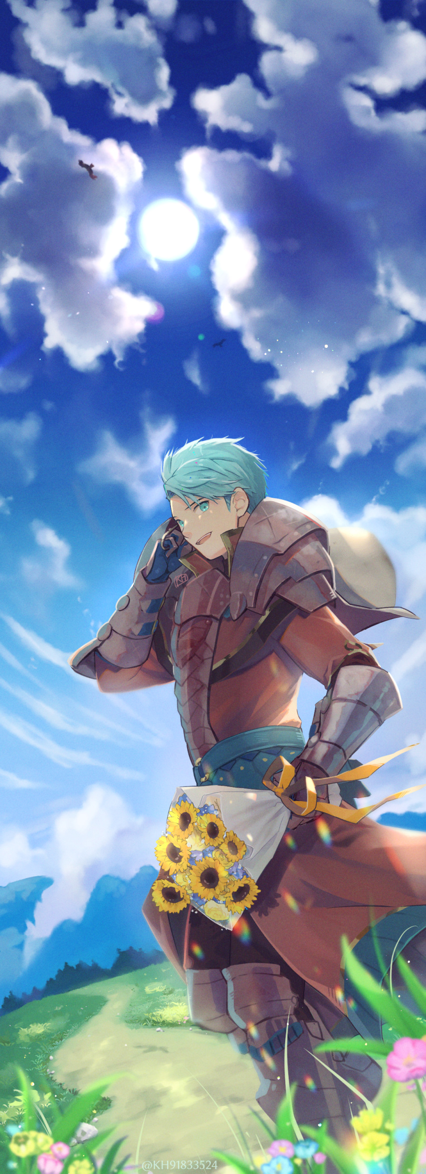 1boy :d absurdres armor armored_boots bird black_pants blue_hair blue_sky boots bouquet brown_coat caspar_von_bergliez clouds coat day fire_emblem fire_emblem:_three_houses flower gauntlets highres holding holding_bouquet kh_(tanakananataka) male_focus outdoors pants ribbon short_hair shoulder_armor sky smile solo sun sunflower yellow_flower yellow_ribbon