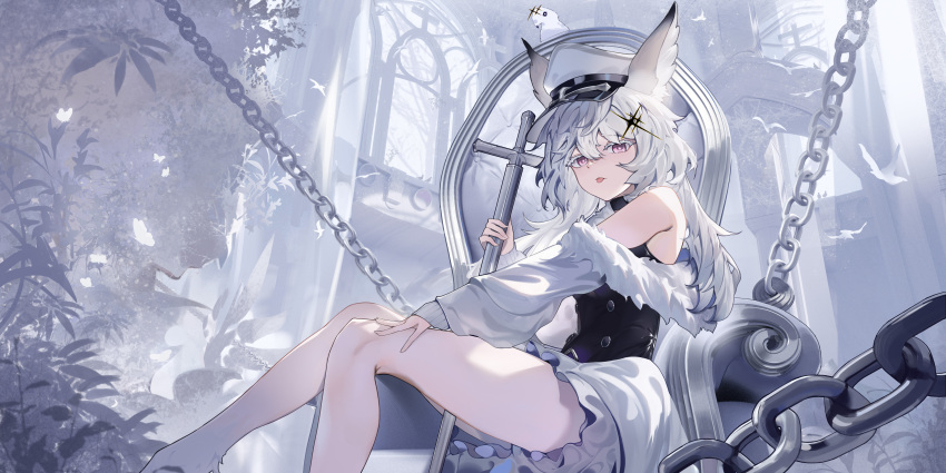 1girl absurdres alchemy_stars animal_ears bare_shoulders bird chain even_(even_yiwen) hair_between_eyes hat highres holding long_eyelashes long_hair long_sleeves looking_at_viewer parrot philyshy_(alchemy_stars) sitting tongue tongue_out violet_eyes white_hair