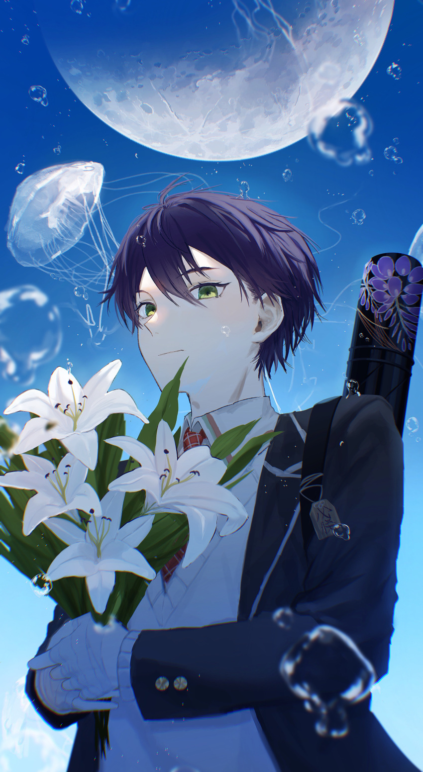 1boy absurdres bandaged_hand bandages black_jacket blazer bouquet cardigan closed_mouth collared_shirt flower green_eyes hair_between_eyes highres holding holding_bouquet jacket jellyfish kenmochi_touya long_sleeves looking_at_viewer moon nagikiho necktie nijisanji purple_hair red_necktie school_uniform shirt short_hair weapon_bag white_flower white_shirt