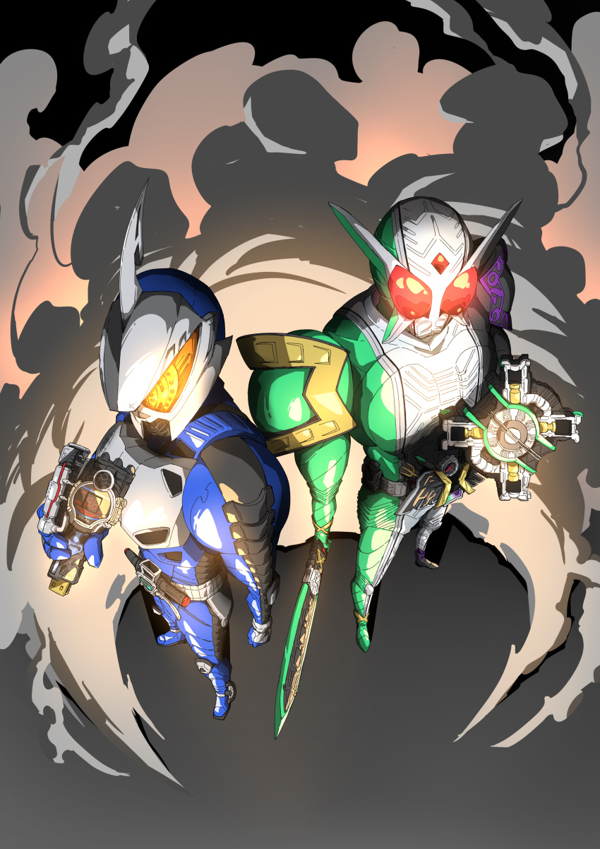 2boys absurdres accel_trial driver_(kamen_rider) dust_cloud from_above gaia_memory highres holding holding_shield holding_sword holding_weapon kamen_rider kamen_rider_accel kamen_rider_double kamen_rider_double_(cyclonejokerxtreme) kamen_rider_w male_focus multiple_boys naitsupic shield sword weapon