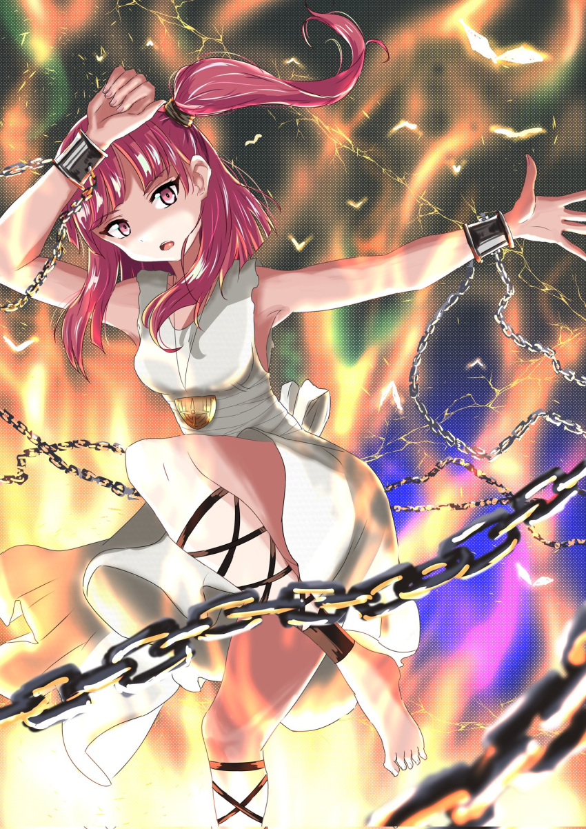 1girl ankle_cuffs barefoot chain cuffs dress fire full_body highres jewelry lobstrater64 looking_at_viewer magi_the_labyrinth_of_magic morgiana open_mouth pendant red_eyes redhead shackles sidelocks solo two_side_up white_dress