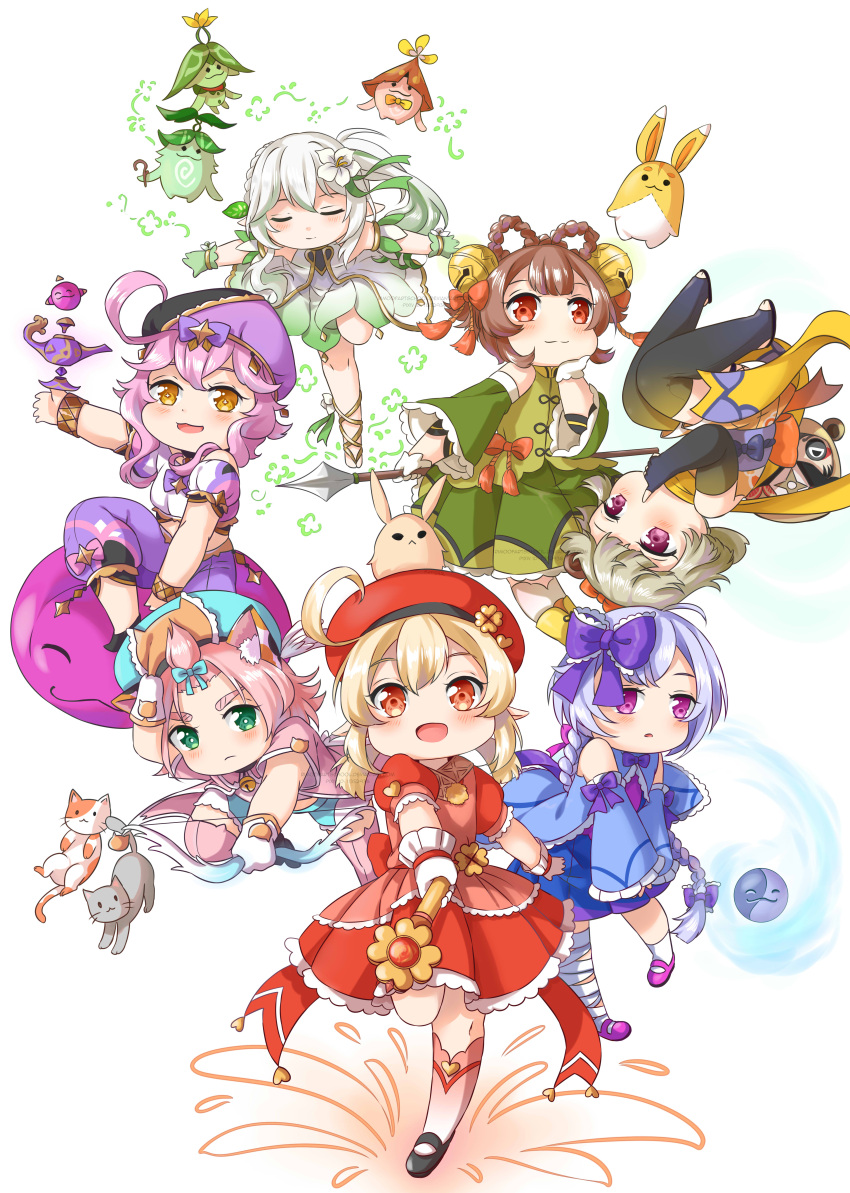 6+girls :d absurdres ahoge alternate_costume animal_ears aranara_(genshin_impact) bangs bangs_pinned_back bell bow bow_(weapon) braid brown_eyes brown_hair candy_rimo cat cat_ears cat_girl chibi chinese_clothes clover_print commentary daruma_doll detached_sleeves diona_(genshin_impact) dodoco_(genshin_impact) dori_(genshin_impact) english_commentary flower forehead genshin_impact gradient_hair green_eyes grey_hair hair_bell hair_between_eyes hair_bow hair_flower hair_ornament hair_ribbon hat hat_ornament highres holding holding_bow_(weapon) holding_polearm holding_wand holding_weapon japanese_clothes jinni_(genshin_impact) klee_(genshin_impact) light_brown_hair long_hair long_sleeves looking_at_viewer low_ponytail low_twintails magical_girl muji-muji_daruma_(genshin_impact) multicolored_hair multiple_girls nahida_(genshin_impact) ninja oil_lamp orange_eyes orb parted_lips pink_hair pointy_ears polearm purple_hair qiqi_(genshin_impact) rabbit ribbon riding sayu_(genshin_impact) short_hair short_hair_with_long_locks short_sleeves side_ponytail sidelocks single_braid sitting smile spear standing standing_on_one_leg symbol-shaped_pupils thick_eyebrows twintails upside-down violet_eyes wand weapon white_background white_hair wide_sleeves yaoyao_(genshin_impact) yellow_eyes yin_yang yin_yang_orb