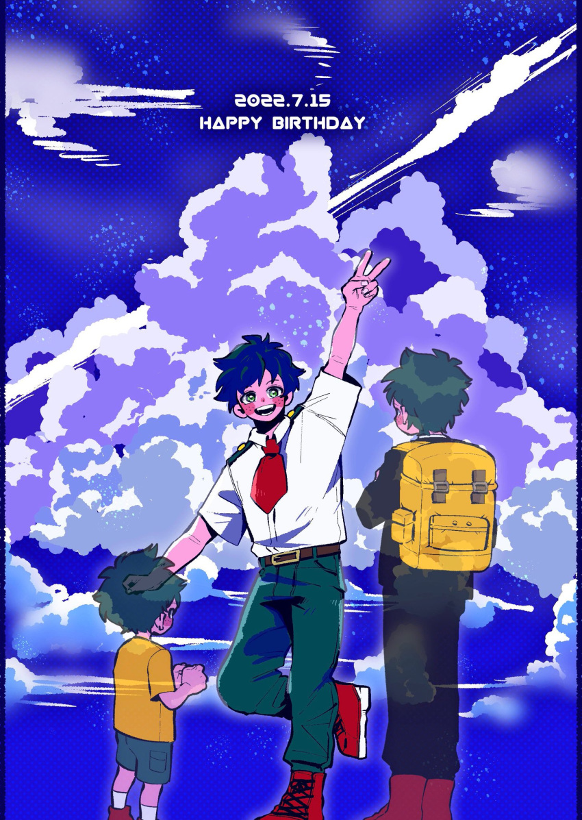 3boys aged_down anna_(aannnaa3) arm_up backpack bag black_pants boku_no_hero_academia child clouds collared_shirt commentary_request freckles full_body gakuran green_eyes green_hair green_pants happy_birthday highres male_child male_focus midoriya_izuku multiple_boys multiple_persona necktie open_mouth pants red_footwear red_necktie school_uniform shirt shoes short_hair short_sleeves shorts sky smile standing transparent u.a._school_uniform v white_shirt yellow_bag yellow_shirt