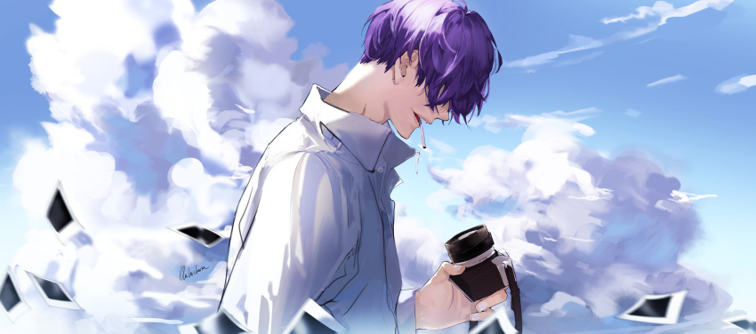 1boy absurdres artist_name blue_sky camera cigarette clouds day hair_over_eyes highres holding holding_camera lluluchwan male_focus mouth_hold original outdoors photo_(object) purple_hair shirt sky solo upper_body white_shirt