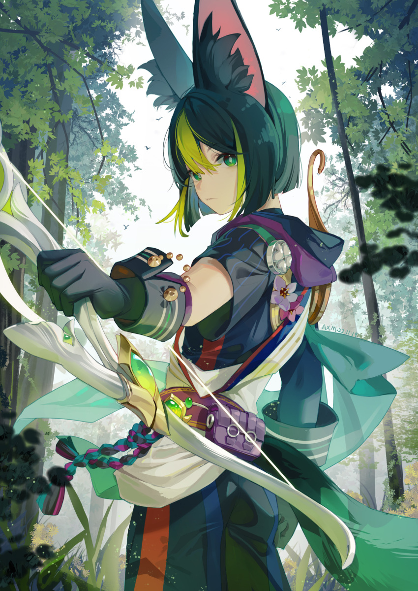 1boy absurdres ai_xiao_meng animal_ears asymmetrical_sleeves bird black_gloves bow_(weapon) closed_mouth dated fox_ears genshin_impact gloves green_eyes green_hair highres holding holding_bow_(weapon) holding_weapon hunter's_path_(genshin_impact) looking_at_viewer multicolored_hair short_hair streaked_hair tighnari_(genshin_impact) tree two-tone_hair weapon