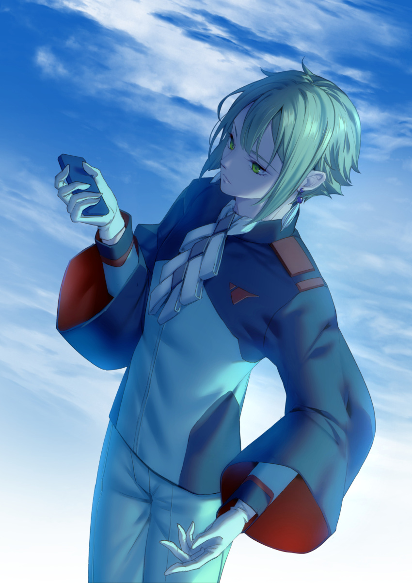 1boy closed_mouth clouds cloudy_sky earrings elan_ceres gloves green_eyes green_hair gundam gundam_suisei_no_majo highres holding jewelry lilithbloody long_sleeves short_hair sky white_gloves wide_sleeves