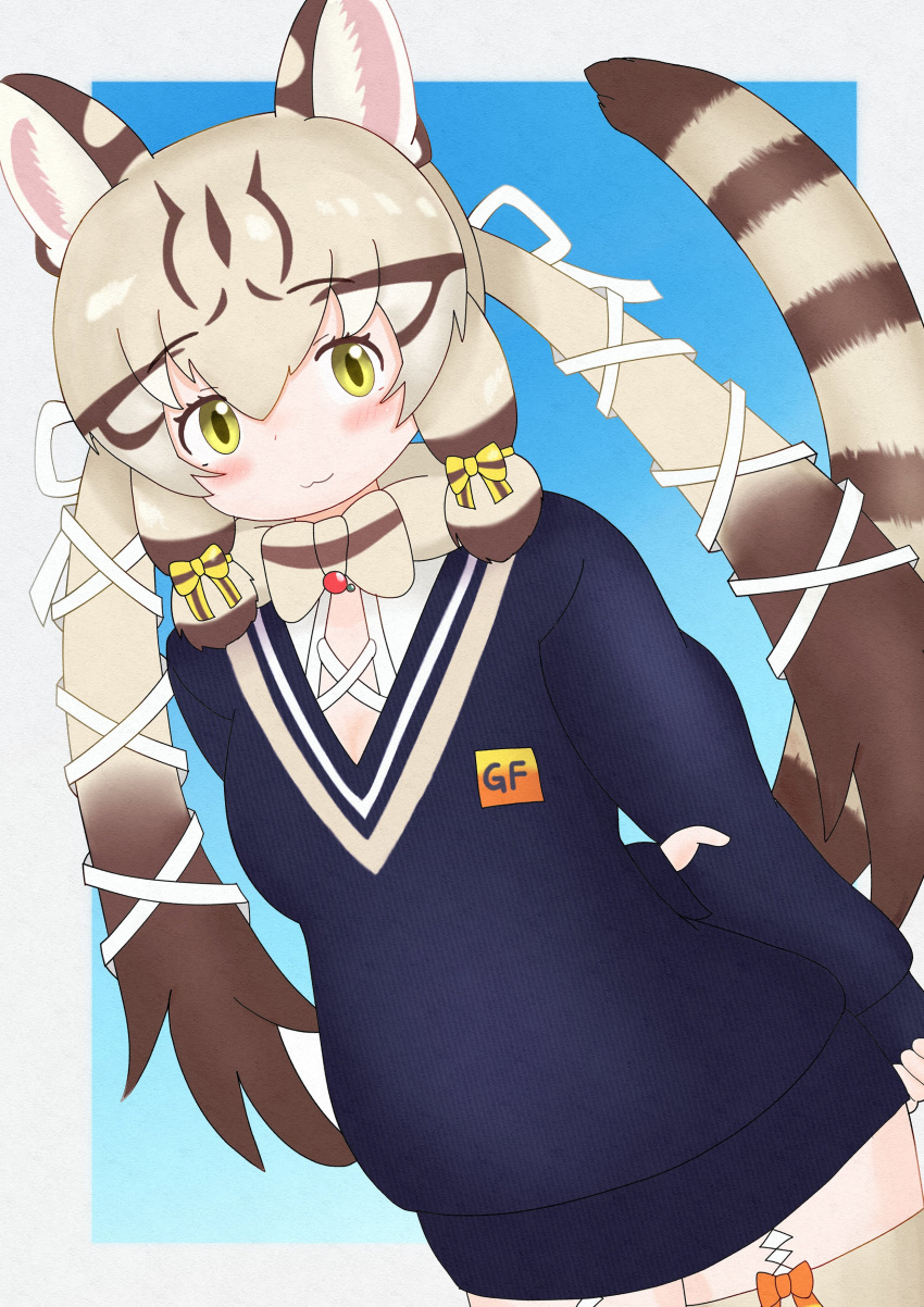 1girl absurdres animal_costume animal_ear_fluff animal_ears bow bowtie cat_ears cat_girl cat_tail extra_ears geoffroy's_cat_(kemono_friends) green_eyes highres kemono_friends kemono_friends_v_project kneehighs long_hair looking_at_viewer microphone multicolored_hair ribbon shirt simple_background socks solo sun3_bears sweater tail twintails virtual_youtuber