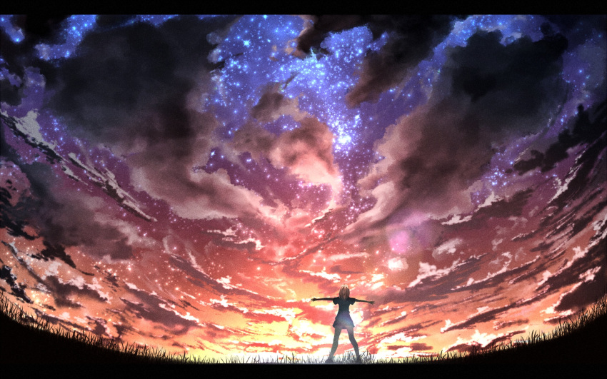 1girl back bad_id bad_pixiv_id clouds full_body grass highres inactive_account kigumo_(kigumo_tyou) long_hair night night_sky original outstretched_arms scenery sky solo spread_arms sunset