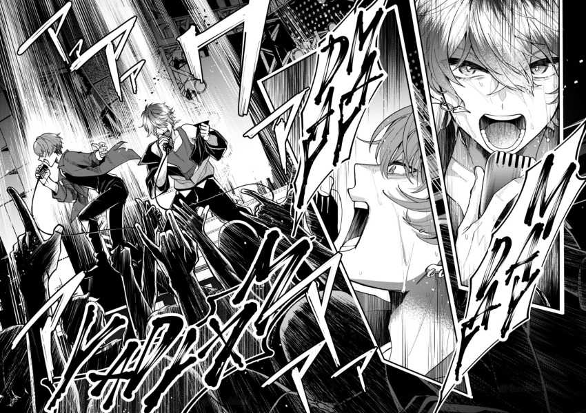 2boys 6+others \m/ \n/ ba_hezhi_feng bangs clenched_hand close-up collarbone concert crowd earrings greyscale hair_between_eyes highres holding holding_microphone ike_eveland jacket jewelry kagami_hayato male_focus microphone monochrome multiple_boys multiple_others music nijisanji nijisanji_en open_mouth pants shirt singing song_name stage sweat tank_top v-shaped_eyebrows virtual_youtuber