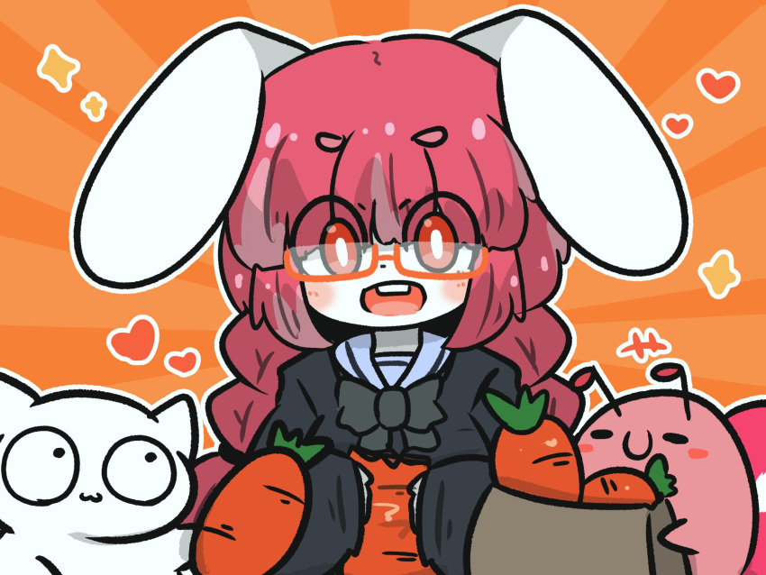 +++ 1girl :d animal_ears bag bangs black_bow black_shirt blue_sailor_collar blush bow braid buck_teeth carrot closed_eyes closed_mouth commentary_request eyes_visible_through_hair food glasses grocery_bag heart highres holding holding_food long_hair long_sleeves orange-tinted_eyewear orange_background original paper_bag puffy_long_sleeves puffy_sleeves rabbit_ears red_eyes redhead sailor_collar semi-rimless_eyewear shirt shopping_bag short_eyebrows sleeves_past_wrists smile solo sunburst sunburst_background teeth thick_eyebrows tinted_eyewear twin_braids under-rim_eyewear uni_souchou upper_body upper_teeth very_long_hair wide-eyed