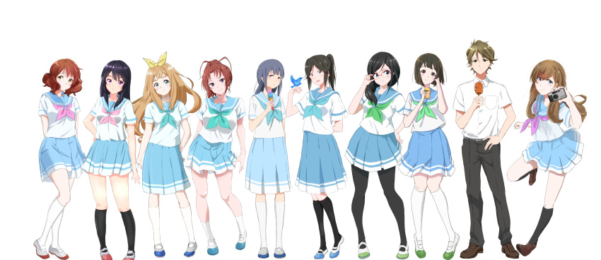 1boy 6+girls absurdres bangs bird black_hair black_pants blonde_hair blue_eyes blue_hair blue_neckerchief blue_sailor_collar blue_skirt bluebird blush brown_eyes brown_hair character_request closed_mouth collared_shirt glasses green_eyes green_neckerchief hair_ribbon hand_up hibike!_euphonium highres kasaki_nozomi kitauji_high_school_uniform kousaka_reina loafers long_hair multiple_girls nakagawa_natsuki nakaseko_kaori neckerchief nozo133 oumae_kumiko over-rim_eyewear pants pink_neckerchief pleated_skirt ponytail red-framed_eyewear red_eyes ribbon sailor_collar school_uniform semi-rimless_eyewear serafuku shirt shoes short_hair short_sleeves simple_background skirt smile standing tanaka_asuka tsukamoto_shuuichi uniform uwabaki violet_eyes white_background white_footwear white_shirt yellow_ribbon yoroizuka_mizore yoshikawa_yuuko