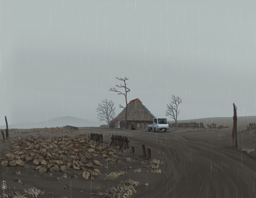 bare_tree building commentary_request dirt_road fence grass ground_vehicle house motor_vehicle no_humans original outdoors pickup_truck rain road rural scenery tateyuki tree truck wooden_fence