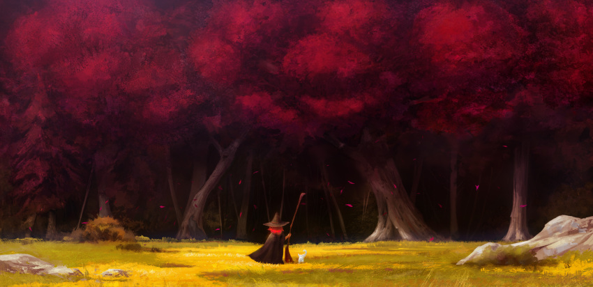 1girl absurdres animal black_robe broom cat cool4noodle day facing_away forest grass hat highres holding holding_broom long_hair looking_ahead nature on_grass original outdoors redhead robe scenery shadow standing tree white_cat witch witch_hat